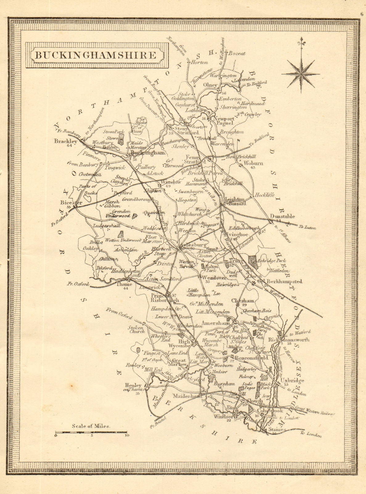 Antique county map of Buckinghamshire. John Heywood. Railways. Coach roads c1864